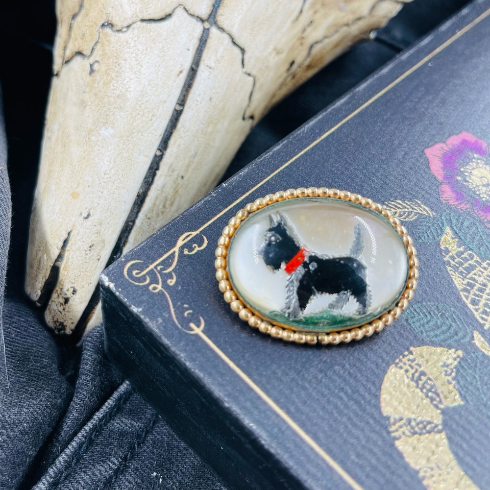 Vintage 1930s WRF Scottish Terrier Brooch 12k GF with Reverse Itaglio Crystal